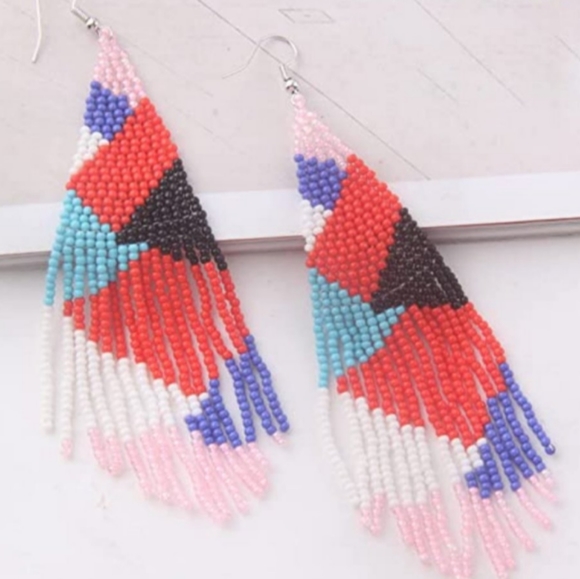 Long 5.5" Black Pink Multicolor Abstract Color Blocked Earrings Beaded Oversized - Picture 1 of 4
